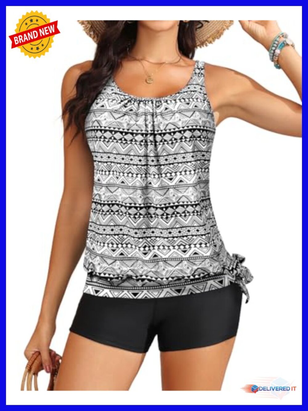 Blouson Tankini Top with Shorts Tummy Control Two Piece Swimsuit